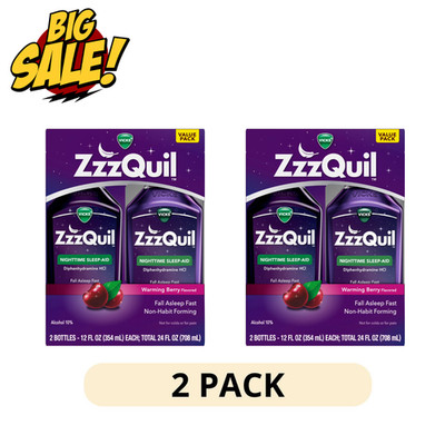 2 Pack Vicks ZzzQuil Nighttime Sleep Aid Liquid Warming Berry 24 fl oz 50mg