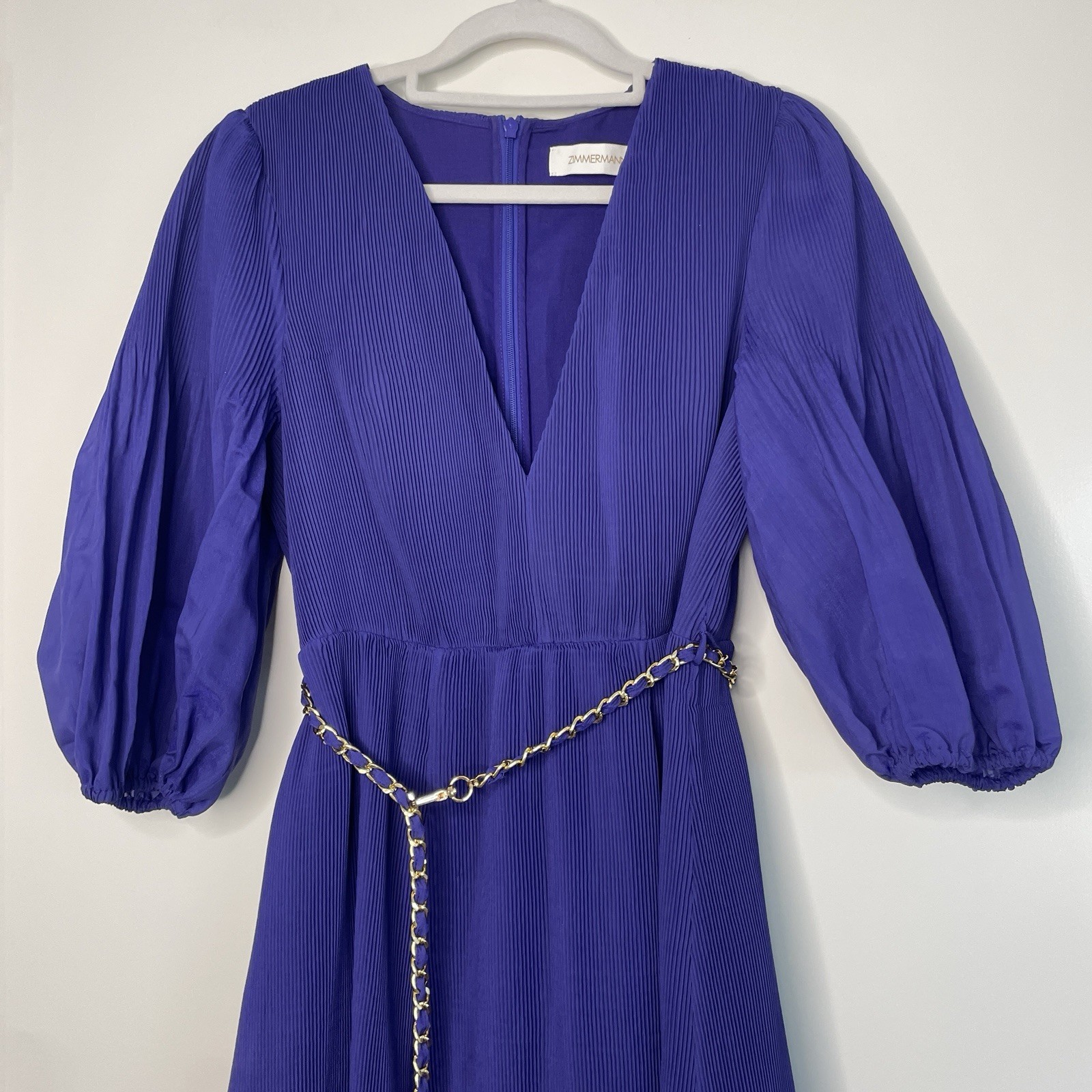 Zimmermann Dress Size 2/AU 12/US 8 Pleated Plissé Gold Chain Belted Lapis  Midi