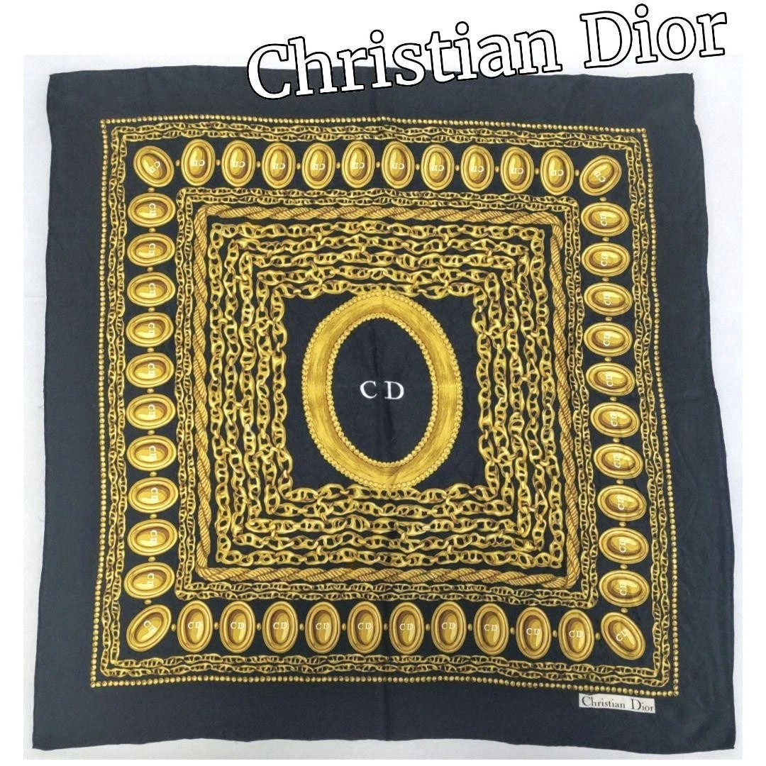 Christian Dior foulard noir et or soie unisexe 86x90cm magnifique design vintage