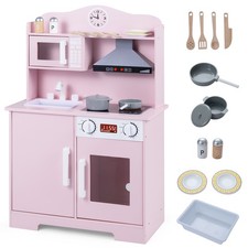 Play Kitchen for Kids, Wooden Kitchen Playset with Range Hood, Microwave, Sink