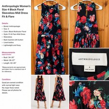 Anthropologie Women’s Size 4 Black Floral Sleeveless Midi Dress Fit & Flare
