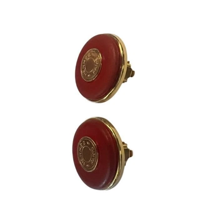 Auténticos Pendientes Hermès Vintage Clip-On Cuero Rojo Foto 2 de 4