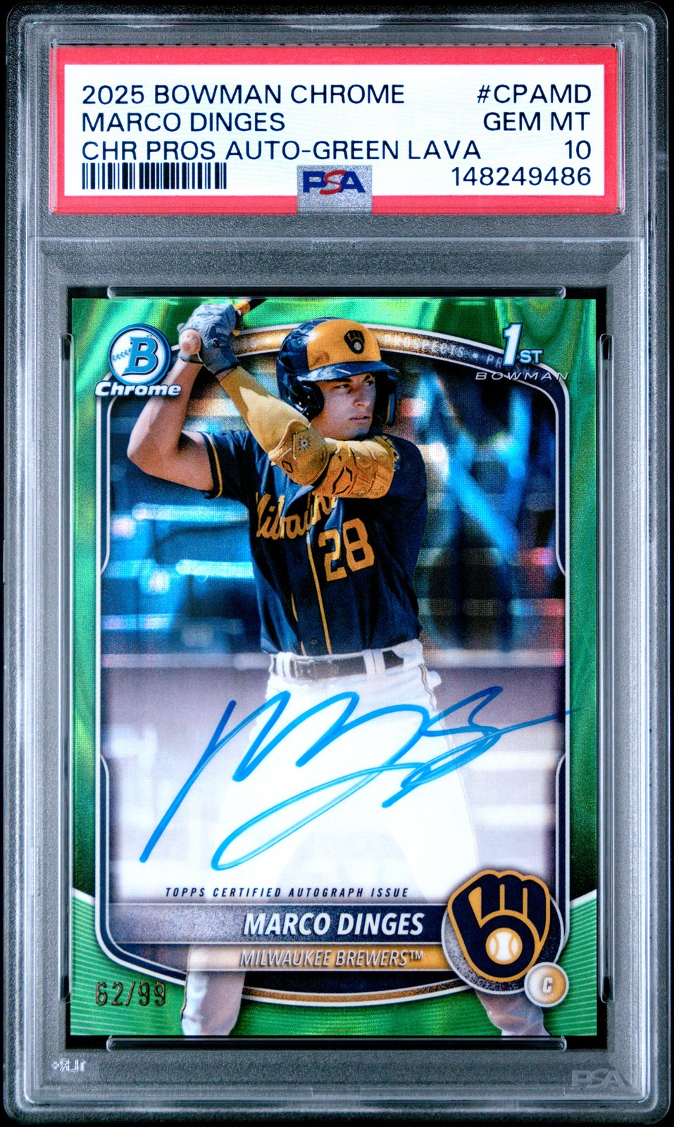 2025 BOWMAN CHROME PROSPECT AUTOS GREEN LAVA #CPAMD MARCO DINGES 62/99 PSA 10