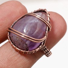 African Amethyst Gemstone Handmade Wire Wrap Copper Jewelry Ring 7.5" PG 472