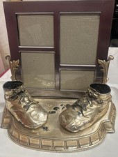 Vintage 1950s Bronzed Baby Shoes Photo Stand W/Photo Matte Silver Frame