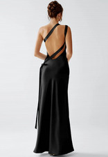 Azazie Atelier Stephanie Black Luminous Satin Maxi Dress, Black NEW