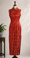 Vintage Chinese Cheongsam Qipao Dress Sz 38 Red Gold Dragon Phoenix Brocade