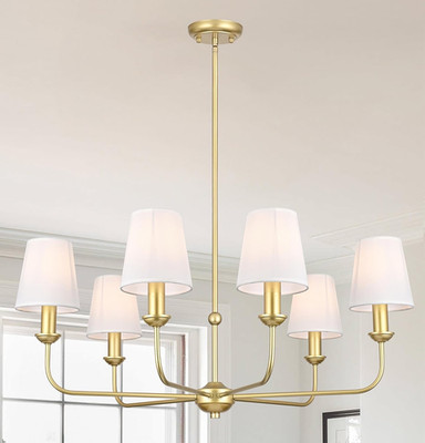 Gold 6-Light Chandelier White Linen Shade E12 Mid Century Dining Fixture