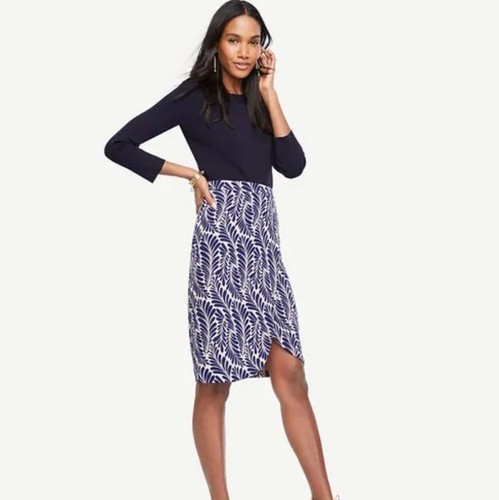 NEW ANN TAYLOR Size 6 Tall Leaf Petal Pencil Skirt Wrap Look Tan Blue Career - 第 1/10 張圖片