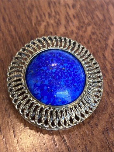 antique foil glass lapis bronze brooch C