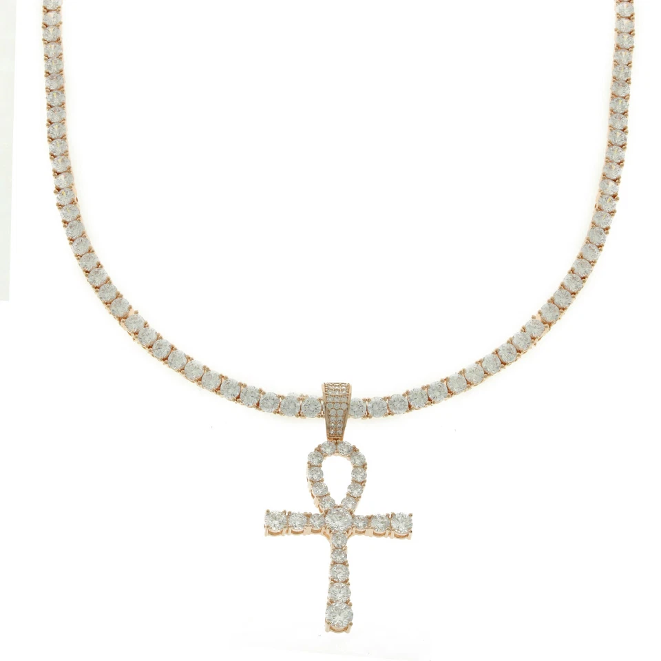 14K Rose Gold Finish CZ Tennis Ankh Cross 4mm 1 Row Round Cut Tennis Necklace - Image 4 of 4