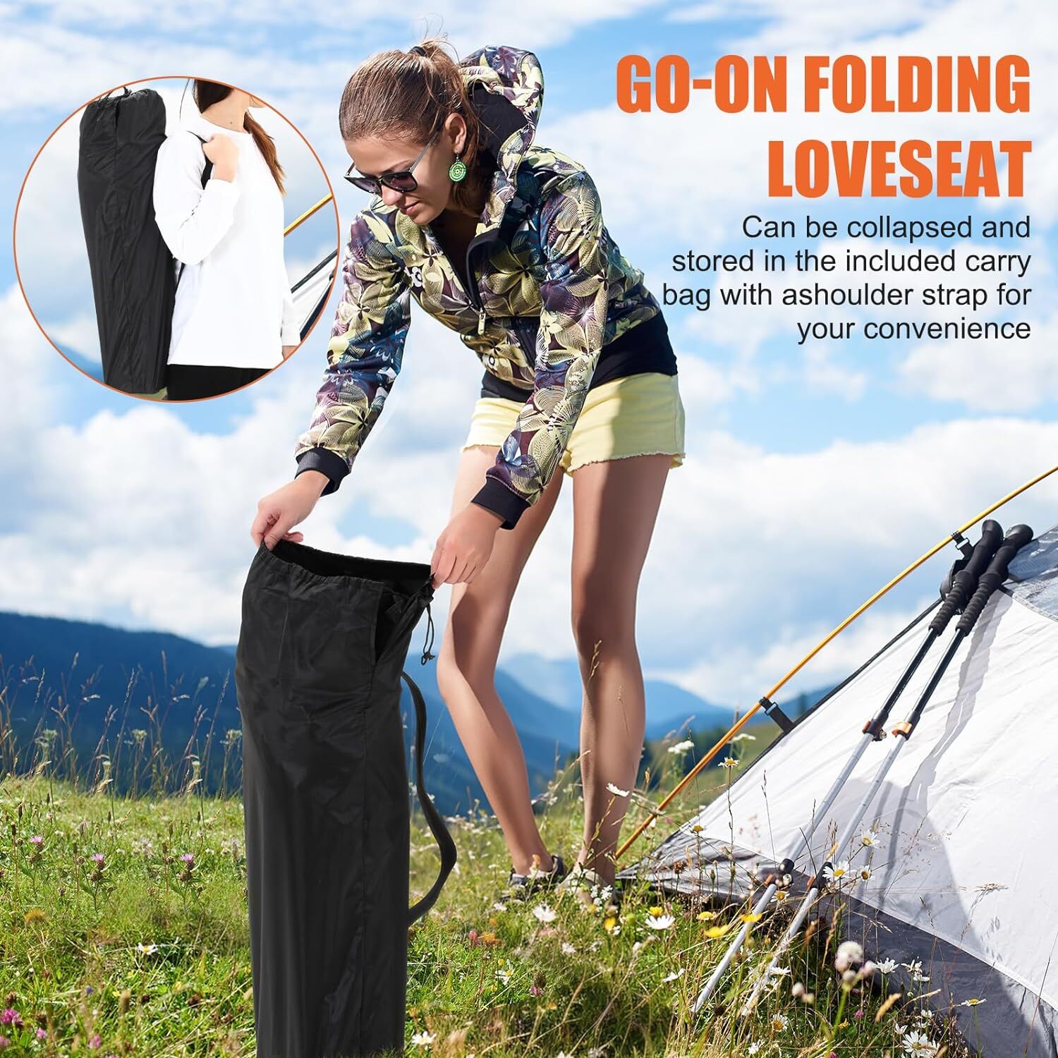 2 Pcs Loveseat Camping Chairs Double Camping Sofa Chair Foldable