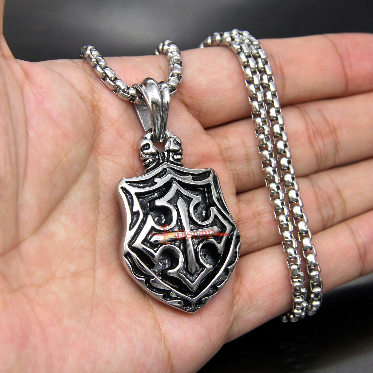 Heavy Knights Templar Cross Skull Shield Stainless Steel Pendant