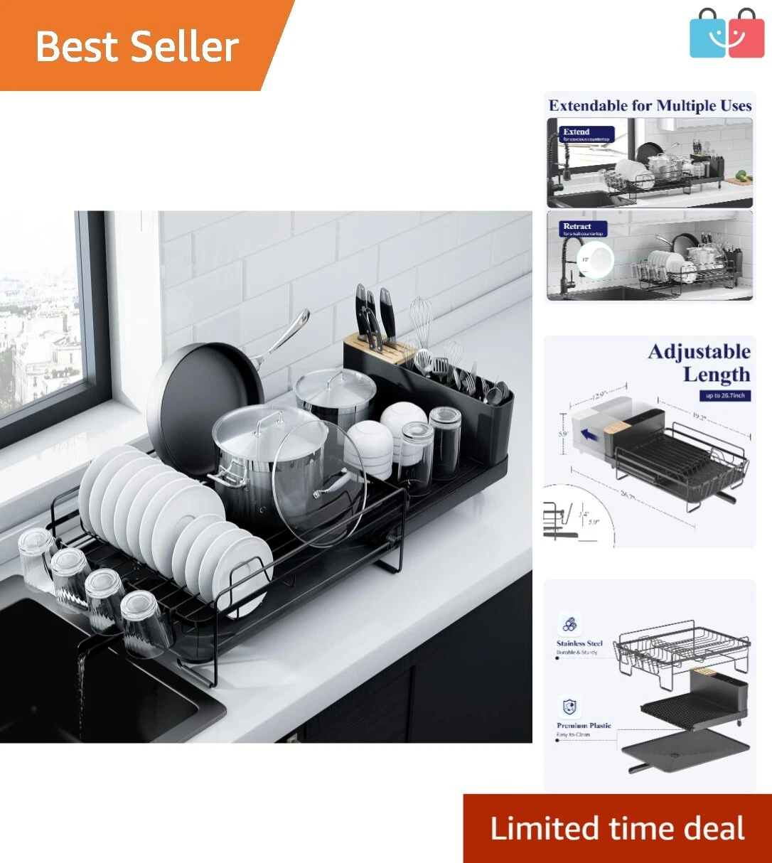 Extendable Anti-Rust Dish Drying Rack with Cutlery & Cup Holders - Black