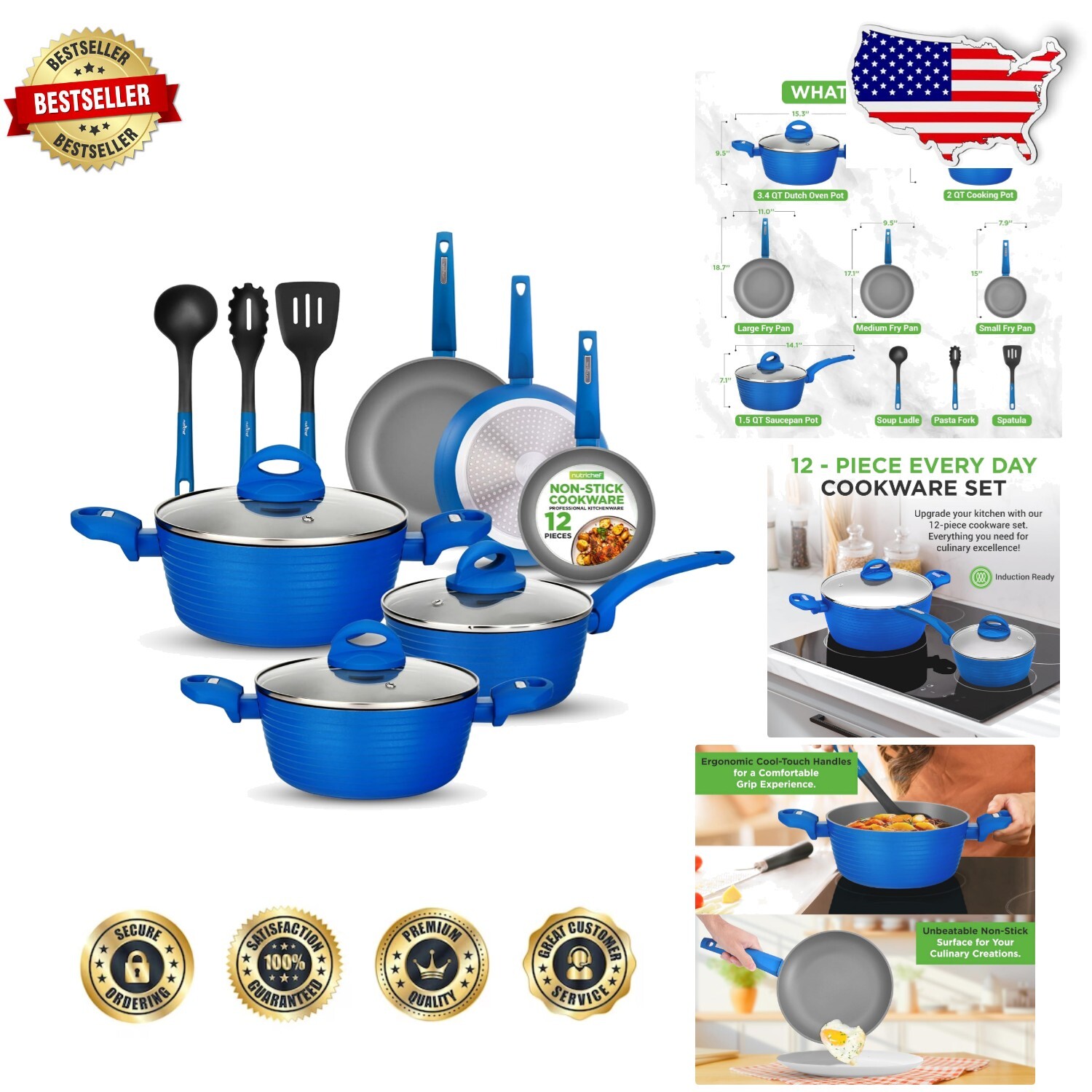 Juego completo de utensilios de cocina antiadherentes de 12 piezas - diseño azul versátil y precioso