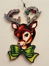 REINDEER w/ DECORATED ANTLERS, GREEN BOW * Glitter CHRISTMAS ORNAMENT * Vtg Img