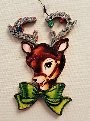 REINDEER w/ DECORATED ANTLERS, GREEN BOW * Glitter CHRISTMAS ORNAMENT * Vtg Img