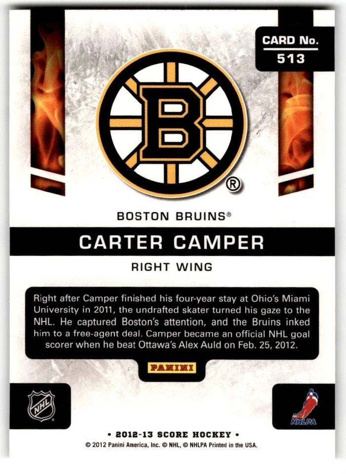 Carter Camper 2012-13 Score Rookie #513 Boston Bruins - Image 2 of 2