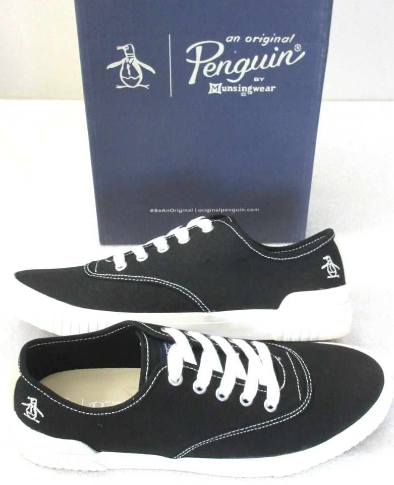 Zapatos con cordones originales Penguin para hombre Yeates U garganta lona negro blanco nuevos en caja Foto 3 de 4
