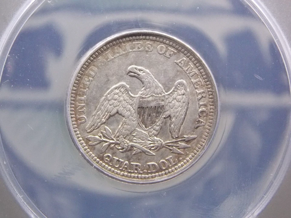 Cuarto libertad sentada 1855 "P" *FLECHAS* 25c ANACS EF45 XF detalle #183 ECC&C Inc Foto 2 de 4