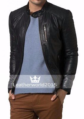 Trendy Men Outfit Genuine Lambskin Real Leather Biker Jacket Black Slim Fit Coat