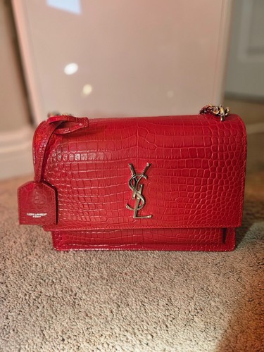 YSL Saint Laurent Sunset Medium Red Croc Embossed Leather Chain Bag 442906