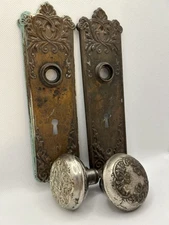 Antique Corbin Loraine Brass Door Knobs & Stamped Brass Door Plates Set