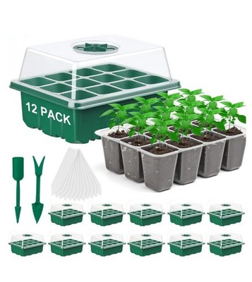 12 Pack Seed Starter Tray 144 Cells Kit w/ Adjustable Dome Mini Greenhouse Plant