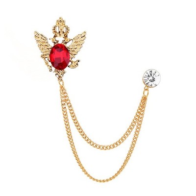 Vintage Crown Gemstone Long Chain Brooch Pin,Animal Double Headed Eagle Tas - 01