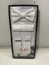 New in Box Brand Q White formal Bow Tie And Suspenders Set Italian Brand