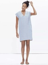 Madewell Vacances Striped Blue White V-Neck Short Sleeve Dress Sz L