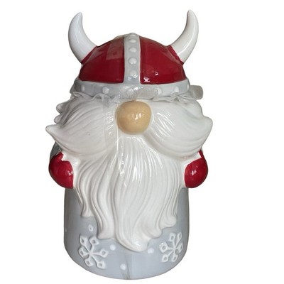New Viking Gnome Christmas Cookie Jar Ceramic Snowflakes Sleigh Bell Bistro 10''