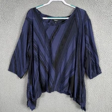 Simply Vera Wang Top Womens 2X Plus Blue Black 3/4 Sleeve Sharkbite Hem Textured