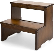 Bamboo Two Step Stool for and Kids, Bed Stepstool with Anti-Slip Bottom, Heavy