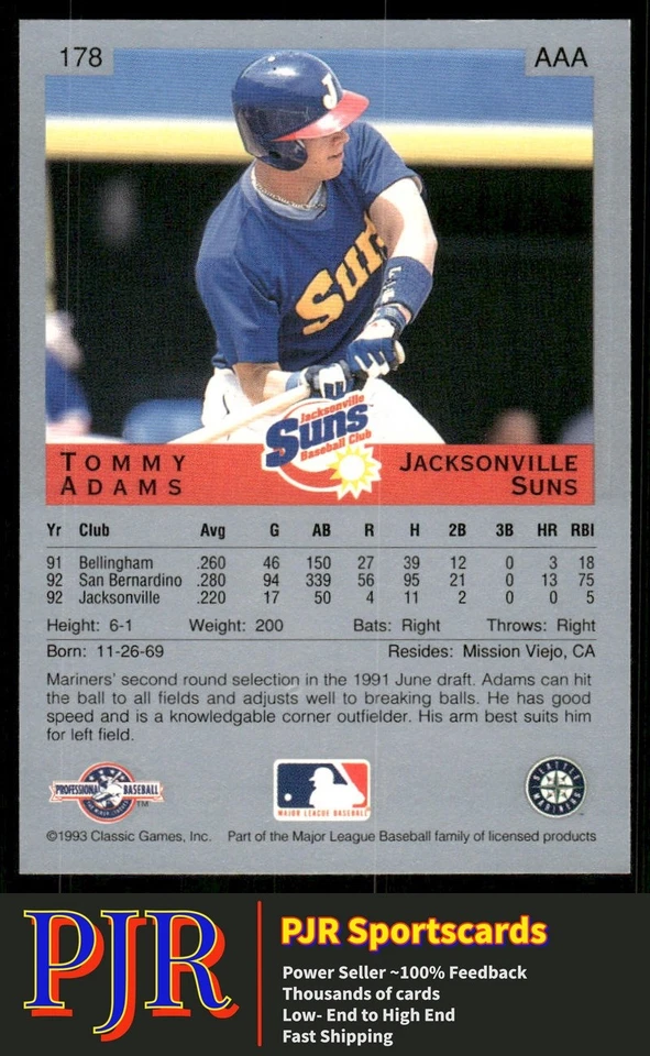 Tommy Adams 1993 Classic Best #178 Jacksonville Suns - Image 2 of 2