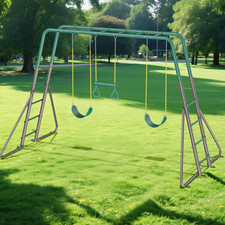 Hapfan Metal Swing Set for Kids w/ 2 Belt Swings,Trapeze Bar Easy Setup Outdoor