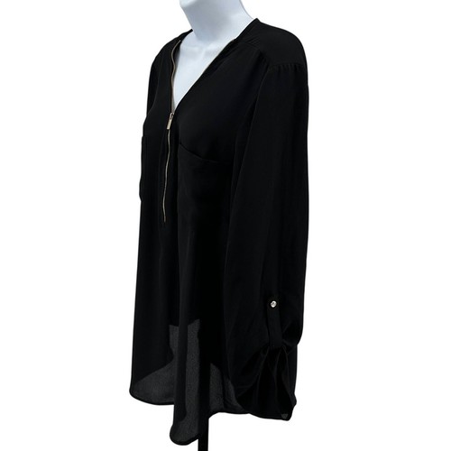 Zac & Rachel Dress Top WMNS XL Black Chiffon Roll Tab Sleeve Zip Up V-Neck - 第 3/7 張圖片