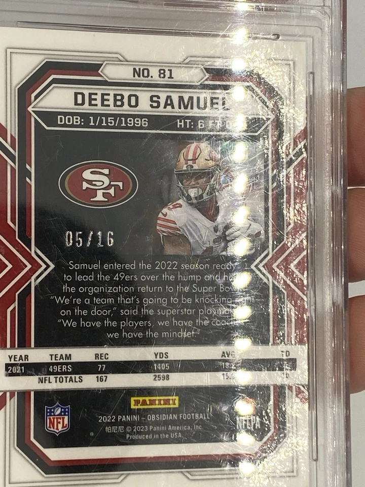 DEEBO SAMUEL 2022 Panini Obsidian #81, Electric Etch Purple Flood /16, PSA 9 - Image 4 of 4