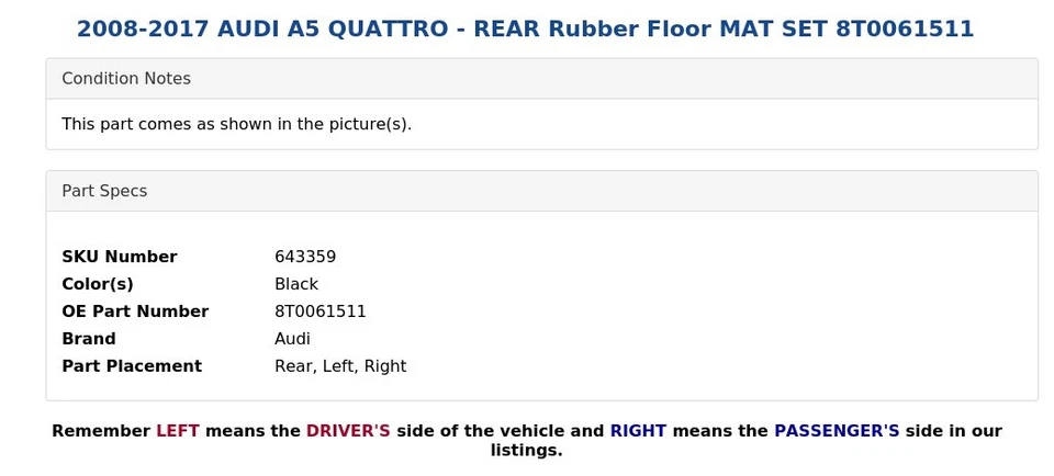 AUDI A5 QUATTRO 2008-2017 - JUEGO ALFOMBRILLAS GOMA TRASERAS 8T0061511 Foto 3 de 4