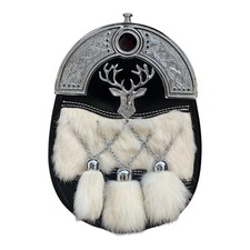 Mens Scottish Kilt Sporran White Fur Stag Head Cantle Highland Dress Bag