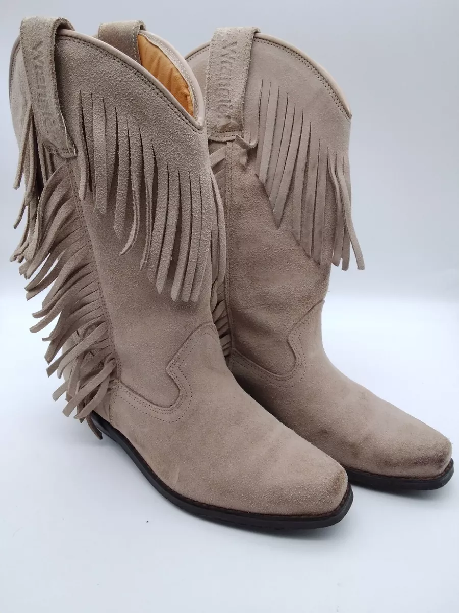 Women s Tasseled Beige Suede Cowboy Boots From WRANGLER Size 4 Pull On Mid Calf