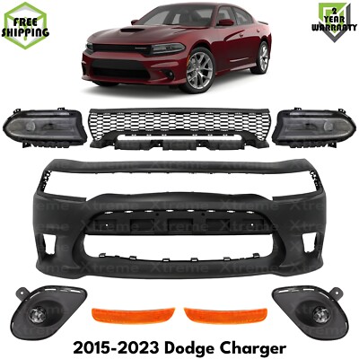 Front Bumper Cover Paintable & Headlights Kit For 2015-2023 Dodge Charger