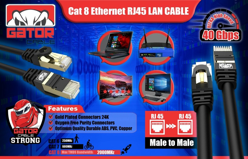 Network Cabloe Rj45 Cat 8 Ethernet Cable 40Gbps RJ45 LAN Patch Cord Gold Plated High Speed ...
