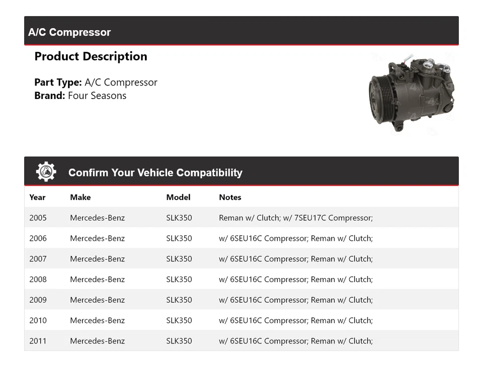 For 2005-2011 Mercedes-Benz SLK350 A/C Compressor 4 Seasons 2006 2007 2008 2009 - Image 2 of 4