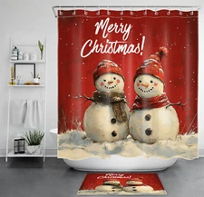 Winter Funny Red Snowman Merry Christmas Shower Curtain Set for Bathroom Decor
