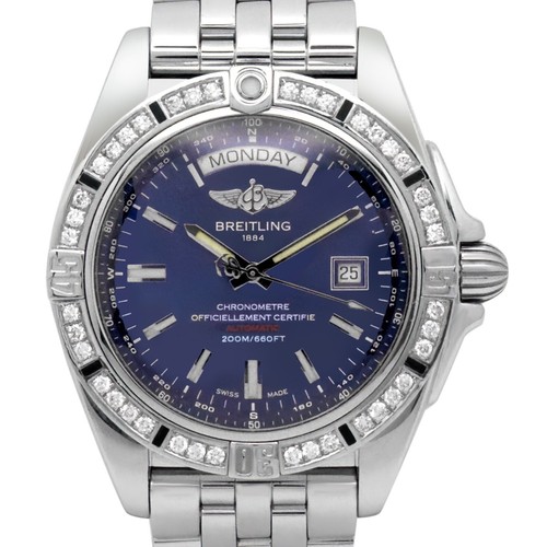 Breitling Galactic A45320 Auto 44mm Blue Dial Custom Diamond Bezel Day Date w.P