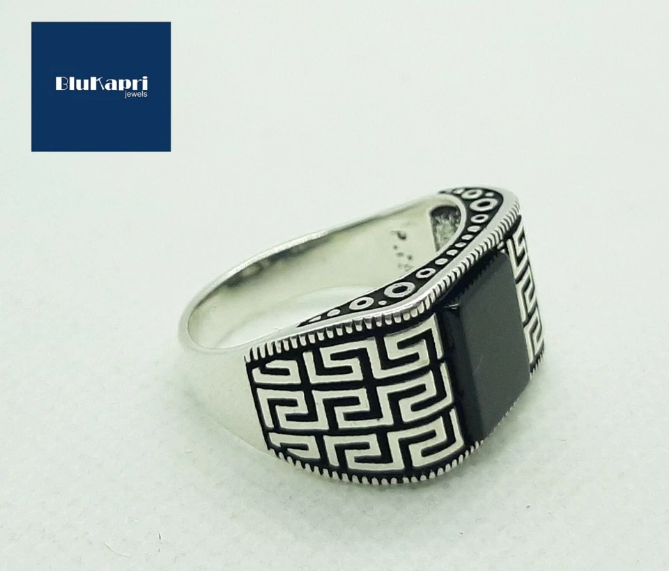 Anello uomo argento 925 greca con onice nera mis.23 - Immagine 2 di 4