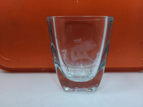 Vintage Signed Orrefors Scandinavaia Mini Vase Glass Etched Viking Ship Sailboat
