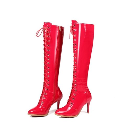 Ladies Clubwear Shoes Patent Leather Women High Heels Lace Up Knee