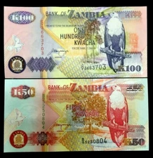 Zambia 100 and 50 Kwacha Banknote World Paper Money UNC Currency Bill Note